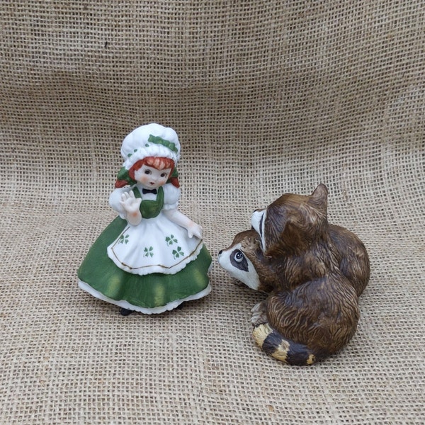 Lefton Irish Lass Figurine, Red-Haired Girl in Green Dress, Shamrocks, Made in Japan