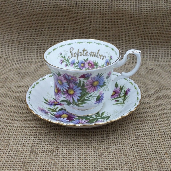 Royal Albert September Flower of the Month Series Tea Cup and Saucer, Michaelmas Daisy 22K Gold Trim, Made in England