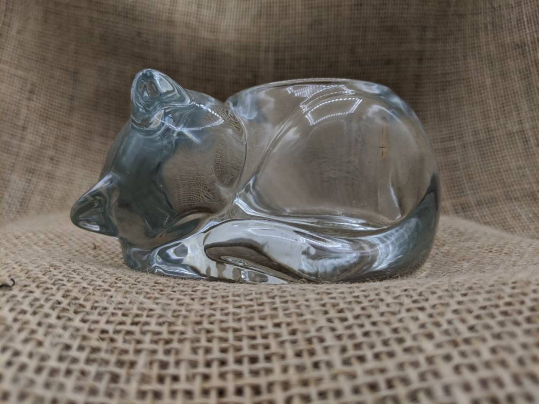 Cat Votive Holder, Indiana Glass, Clear Glass Sleeping Cat Candle