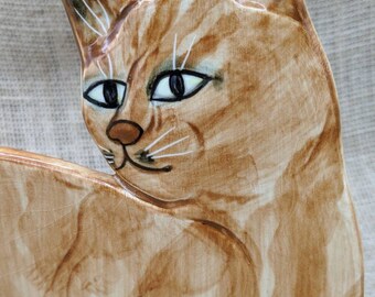 Mann Ceramic Striped Orange Cat Kitten, Flat Curved Ceramic