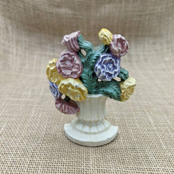 Flower Urn Door Stop, Cast Iron Doorstop with Painted Pastel Flowers, Shabby Victorian Style Small Bookend