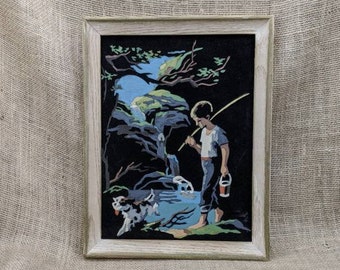 Vintage Framed Paint by Number on Velvet Boy & Dog Going Fishing