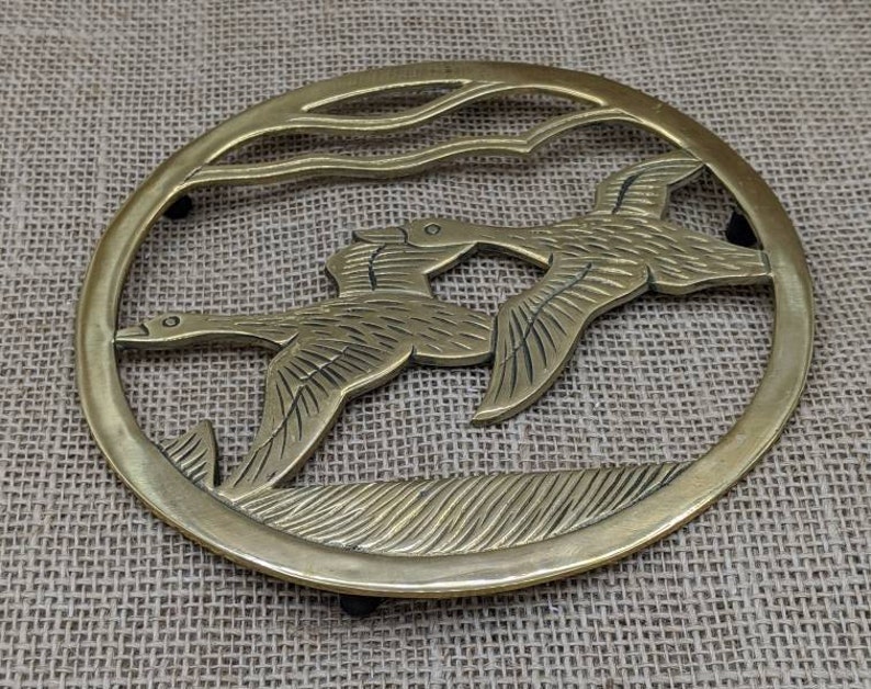 Round Brass Trivet Ducks Geese in Flight Vintage Solid Brass Etsy