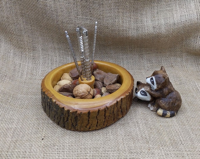 Wooden Nut Bowl With Metal Nut Cracker and 2 Nut Picks, Live Tree Bark