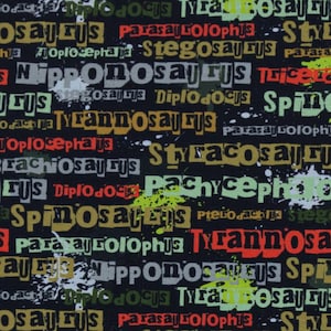 Peut inclure: Un fond noir avec un motif répétitif de noms de dinosaures dans différentes couleurs, notamment le rouge, le vert, le jaune et le blanc. Les noms sont écrits dans une police de caractères audacieuse et en blocs et sont superposés les uns aux autres, créant un design chaotique et énergique.