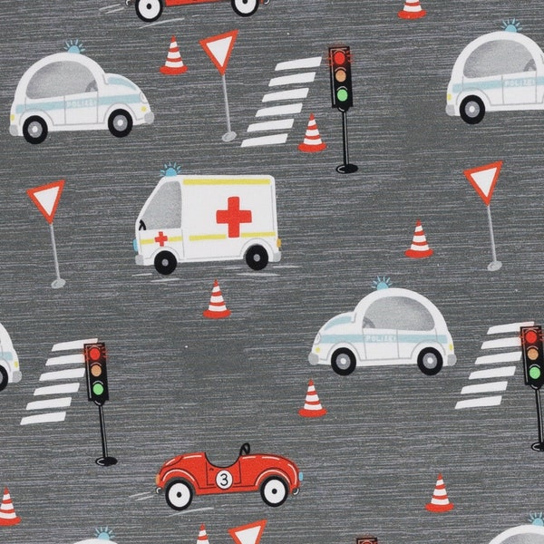 15.98Euro/Meter Police Car Ambulance Jersey Swafing fabric little Rescue Parol by Zielinski gray policeman police car cotton jersey traffic light