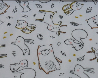 13.98 euros/meter forest animals jersey rabbit deer bear squirrel fox white mustard black GOTS organic children's fabric cotton jersey animals in the forest