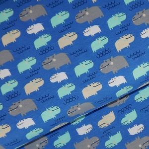 12,98Euro/meter Jersey Hippopotamus Hippo blue grey mint Hippos Kids Fabric Cotton Jersey Hippo