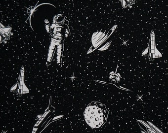 15.98 euros/meter astronaut moon space jersey black white cotton jersey fabric stars achromatic space rocket spaceship