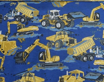 13.98 euros/meter jersey construction site dark blue excavator pusher wheel loader vehicles fabric children boys construction vehicles