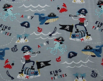 12,98Euro/meter pirate jersey whales treasure chest maritime grey blue white GOTS organic fabric sea creatures pirate cotton jersey