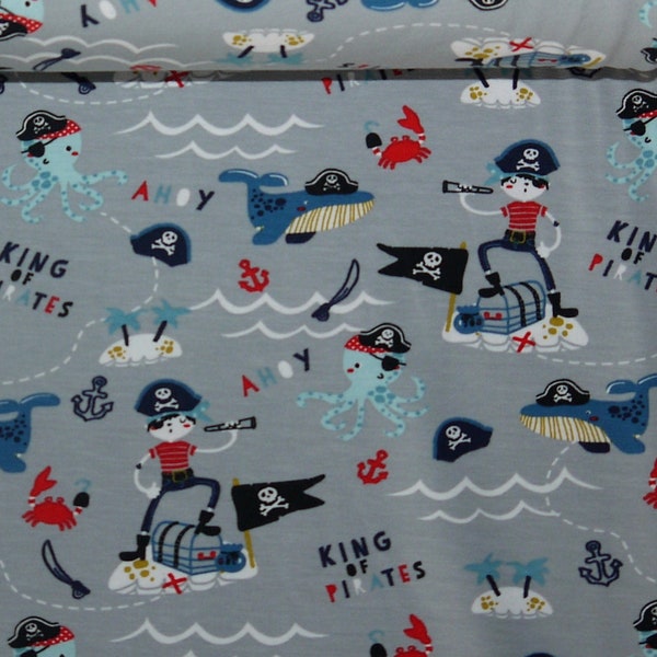 12,98 euro/metro maglia pirata balene scrigno del tesoro marittimo grigio blu bianco tessuto organico GOTS creature marine maglia pirata di cotone