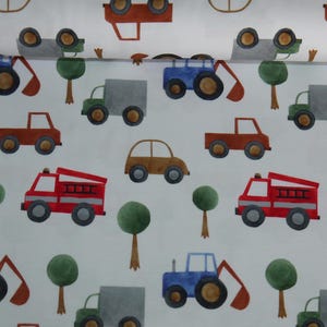 14.98Euro/Meter Car Jersey white colorful vehicles trees colorful fabric cotton jersey children boys cars fire brigade truck excavator