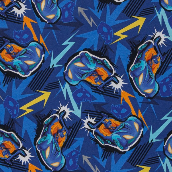 16.98Euro/meter Catboy French Terry Sweat roughened PJ Masks Pajama Heroes Cars Lightning Blue Licensed Fabric from Swafing