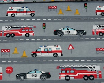 12,98Euro/Meter Rescue Vehicles Jersey Fire Brigade Police Ambulance Grey Fire Truck Fabric Children Traffic Lights Signs Turntable Ladder Road