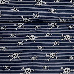 12,98Euro/m Piraten Jersey Totenkopf Maritim dunkelblau grau gestreift Stoff Baumwolljersey