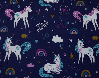 Tessuto unicorno jersey blu scuro arcobaleno unicorno stelle nuvole 16,98 euro/metro in jersey di cotone Swafing unicorni