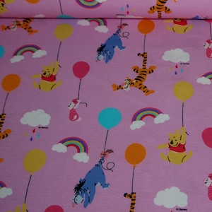 15.98Euro/meter Disney Jersey Winnie the Pooh pink colorful bear balloons rainbow Tigger Piglet Eeyore fabric cotton jersey