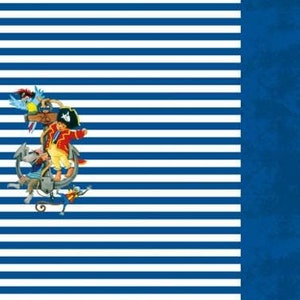 Könnte beinhalten: Ein blauer und weiß gestreifter Hintergrund mit einem Cartoon-Piraten, Papagei und Affen auf einem Anker. Der Hintergrund ist in der Mitte geteilt, mit einem blauen, strukturierten Hintergrund auf der rechten Seite.