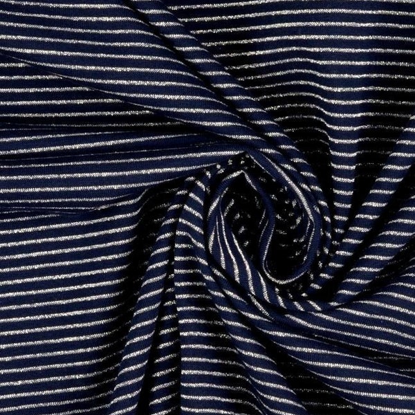 13,98Euro/Meter Metallic glitter stripes Jersey Ringel dark blue silver striped fabric combi fabric cotton jersey