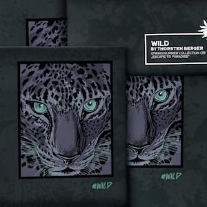 May include: Artwork depicting a leopard's face with teal eyes and a spotted coat, set against a dark grey background. The artwork is framed in black. Text includes "WILD" and "ESCAPE TO PARADISE".