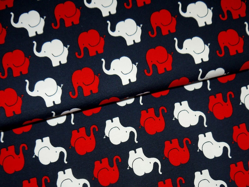 14,98Euro/m Elefanten Jersey dunkelblau rot weiß Stoff Elefant Elephant Parade Baumwolljersey Kinder Baby Bild 1