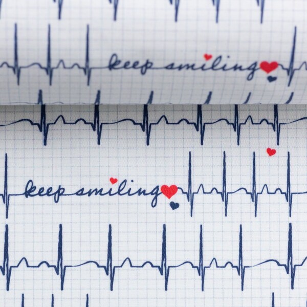 9,50Euro/m EKG keep smiling Herz Baumwolle weiß blau rot Ökotex REST Stoff Webware Toni von Swafing Krankenhaus Krankenschwester Arzt