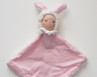 Bunny Waldorf, baby bunny, baby shower gift, pink bunny for babies, linen bunny, Waldorf doll,  newborn doll, gift for babies, easter gift