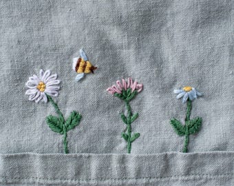 flowers embroidery, flowers and bee, handmade flowers embroidery, handmade item, personalized embroidery