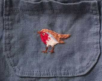 Handmade embroidery, bird embroidery, Robin embroidery, embroidery clothes, embroidery cotton, embroidery linen