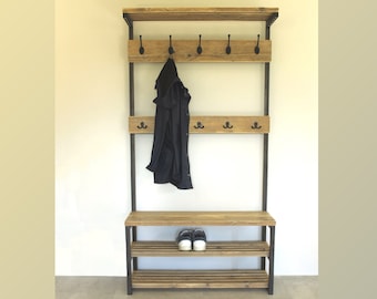 Hinne wardrobe made of wood and raw steel with bench and extra shelf, hallway wardrobe, timber furniture, upcycling furniture