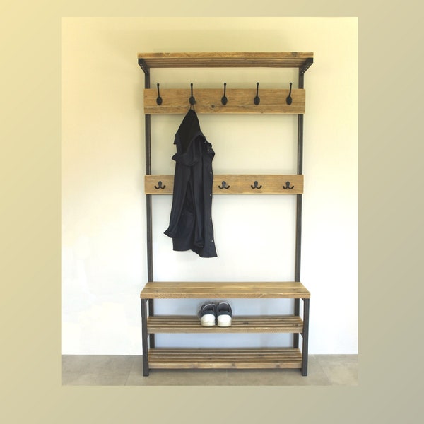 Garderobe Hinne aus Holz und Rohstahl mit Sitzbank und extra Ablage Flurgarderobe, Bauholz Möbel, Upcycling Möbel