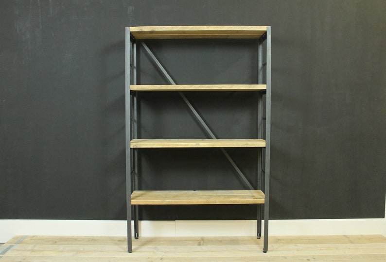 Shelf bookcase made of raw steel and lumber, lumber furniture, upcycled furniture image 5