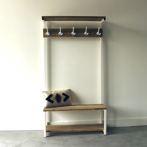Wardrobe made of wood and white metal with bench, hallway wardrobe, timber furniture, upcycling furniture
