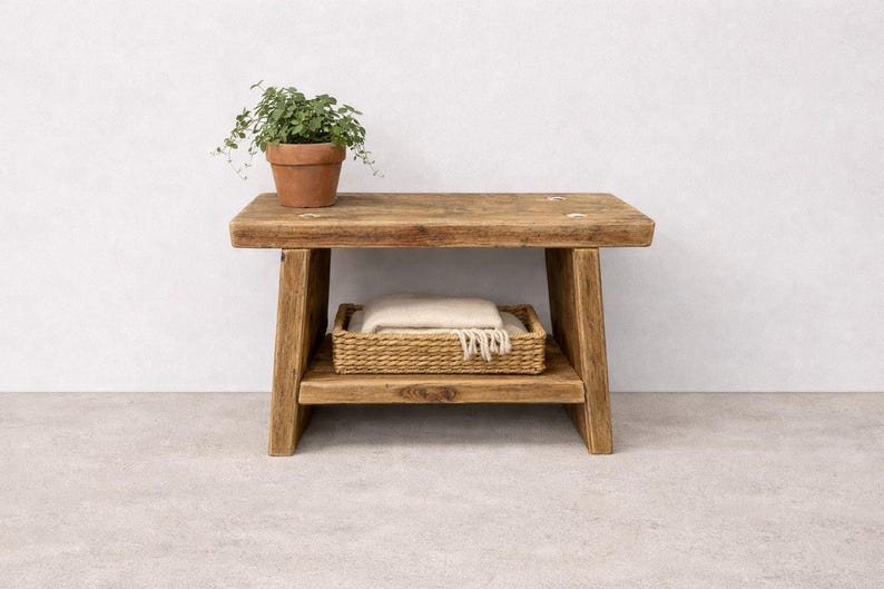 Houten bank gemaakt van dikke steigerplanken, bank voor hal of slaapkamer, meubelen van constructiehout, upcycled meubelen, tuinbank, hergebruikt hout afbeelding 3