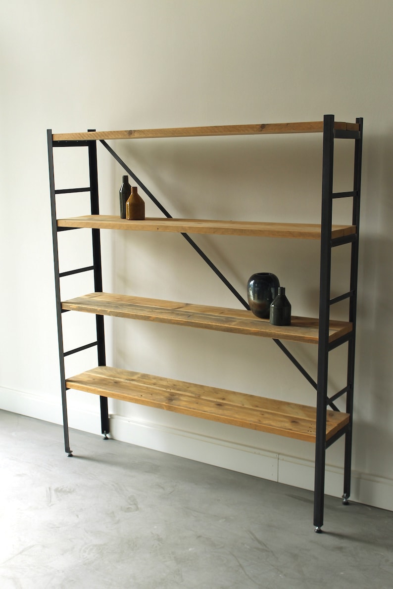 Shelf bookcase made of raw steel and lumber, lumber furniture, upcycled furniture image 3