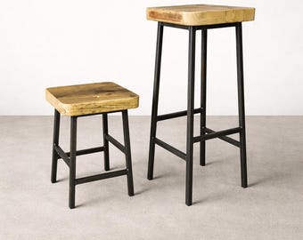 Industrial stool 'Hylke' made of steel & reclaimed wood – seat stool, bar stool