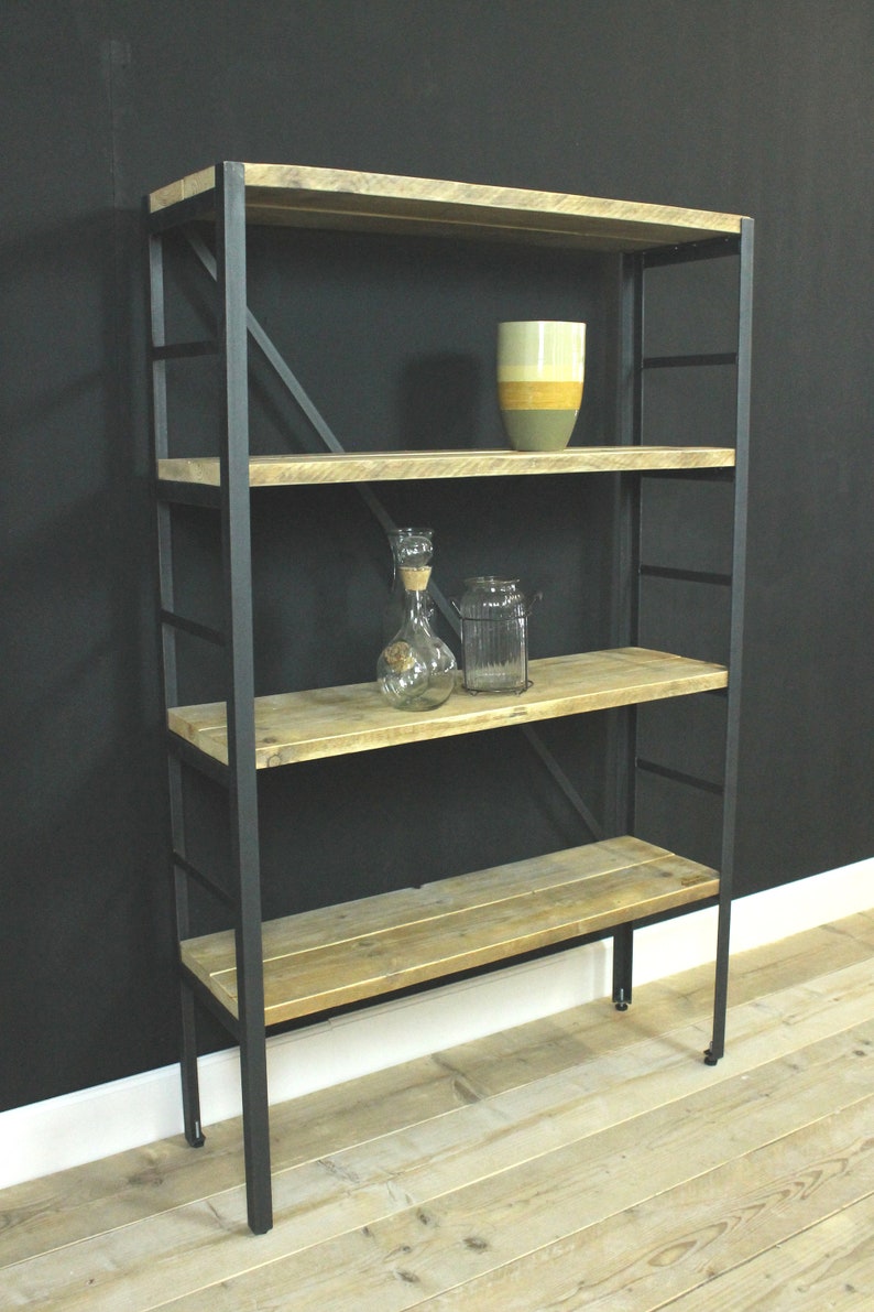 Shelf bookcase made of raw steel and lumber, lumber furniture, upcycled furniture image 6