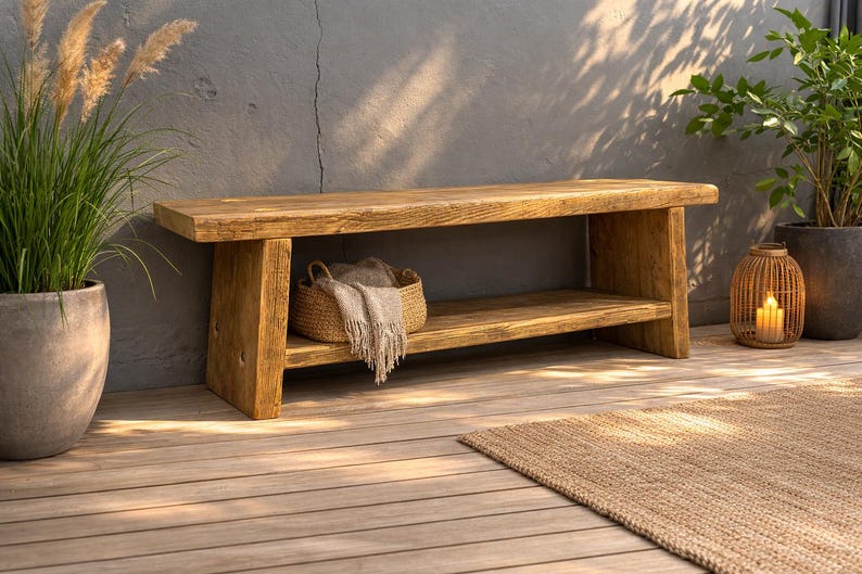 Garden bench, wooden bench made from thick scaffolding planks, bench for terrace, garden, construction timber furniture, upcycled furniture, reclaimed wood image 2