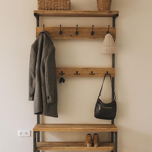 Garderobe Hinne aus Holz und Rohstahl mit Sitzbank und extra Ablage Flurgarderobe, Bauholz Möbel, Upcycling Möbel