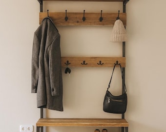 Garderobe Hinne aus Holz und Rohstahl mit Sitzbank und extra Ablage Flurgarderobe, Bauholz Möbel, Upcycling Möbel