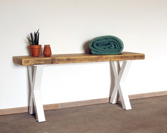 Bench Bahne bench with X-legs made of wood and steel, hallway, living room, bedroom, upcycling furniture - white