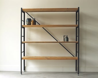 Shelf bookcase made of raw steel and lumber, lumber furniture, upcycled furniture