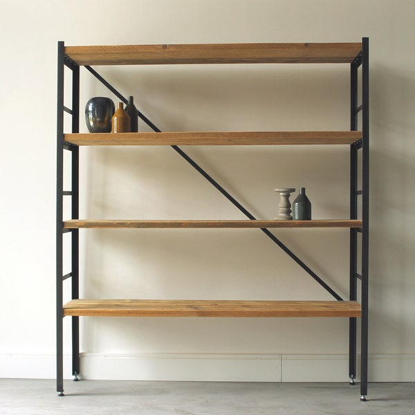 Shelf bookcase made of raw steel and lumber, lumber furniture, upcycled furniture