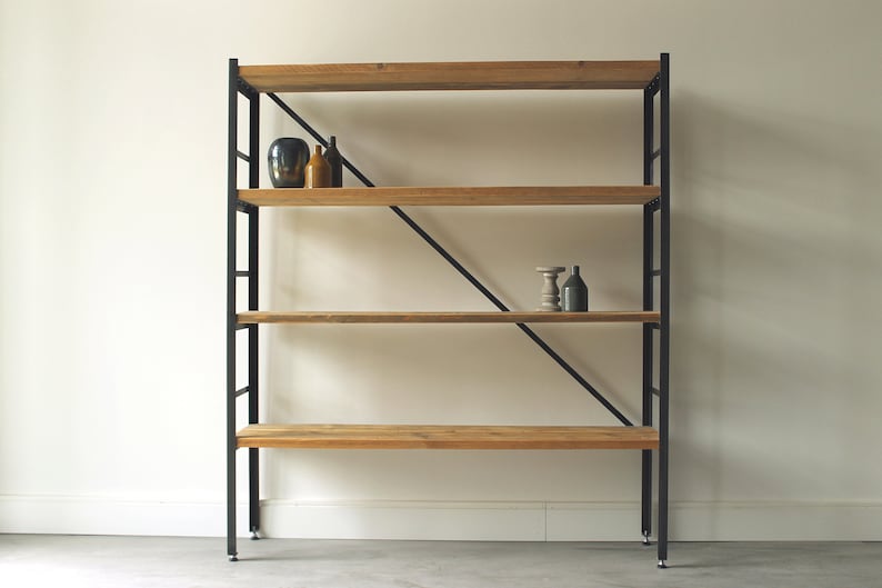 Shelf bookcase made of raw steel and lumber, lumber furniture, upcycled furniture image 1