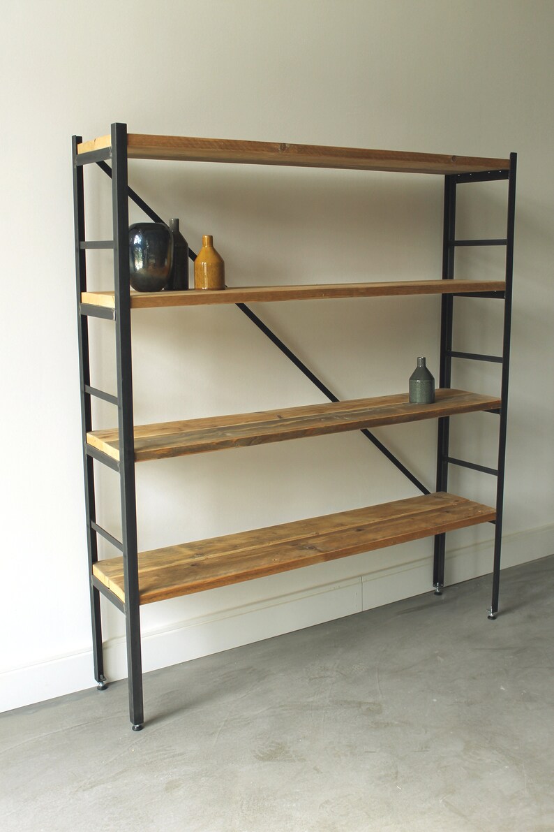 Shelf bookcase made of raw steel and lumber, lumber furniture, upcycled furniture image 4