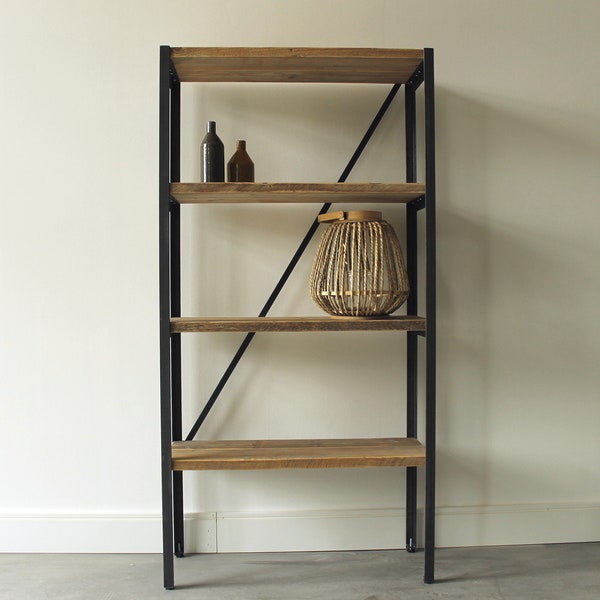 Shelf bookcase made of steel and lumber, lumber furniture, upcycling furniture