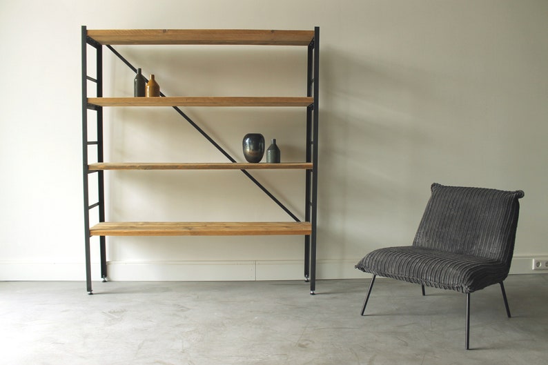 Shelf bookcase made of raw steel and lumber, lumber furniture, upcycled furniture image 2