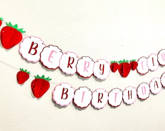 Berry First Birthday 3D Strawberry Photo Banner 1st red Pink