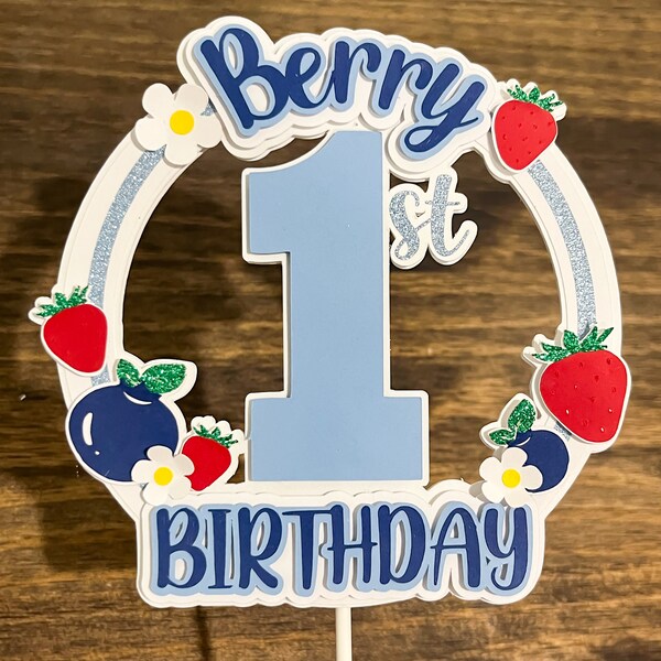 3D Mixed Berry First Birthday Cake Topper Blueberry Strawberry Birthday Smash One 1st Glitter boy girl flowers